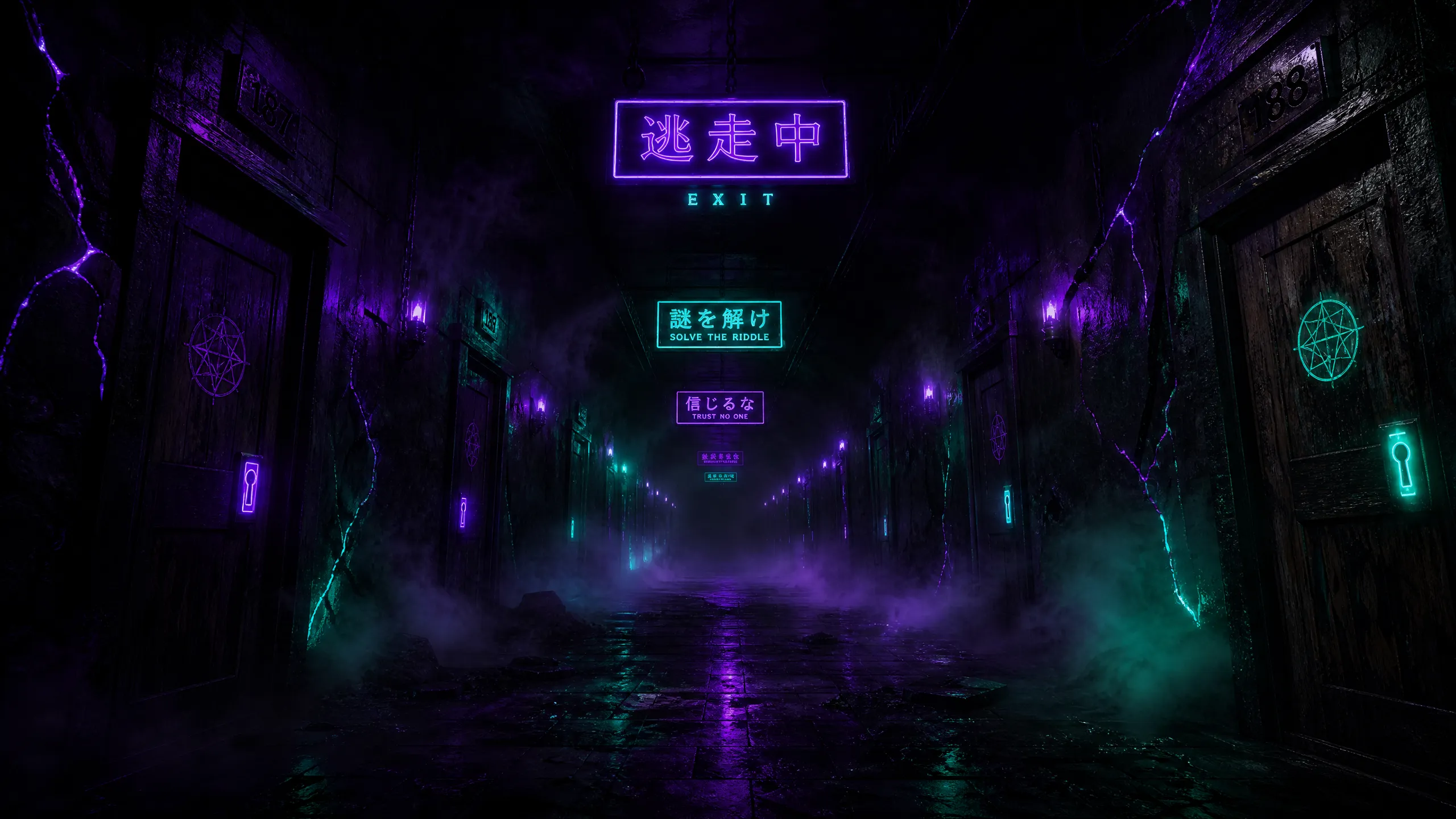 密室‌走廊第一人称视角，霓虹紫光与幽灵荧光绿交织的悬疑暗夜走廊